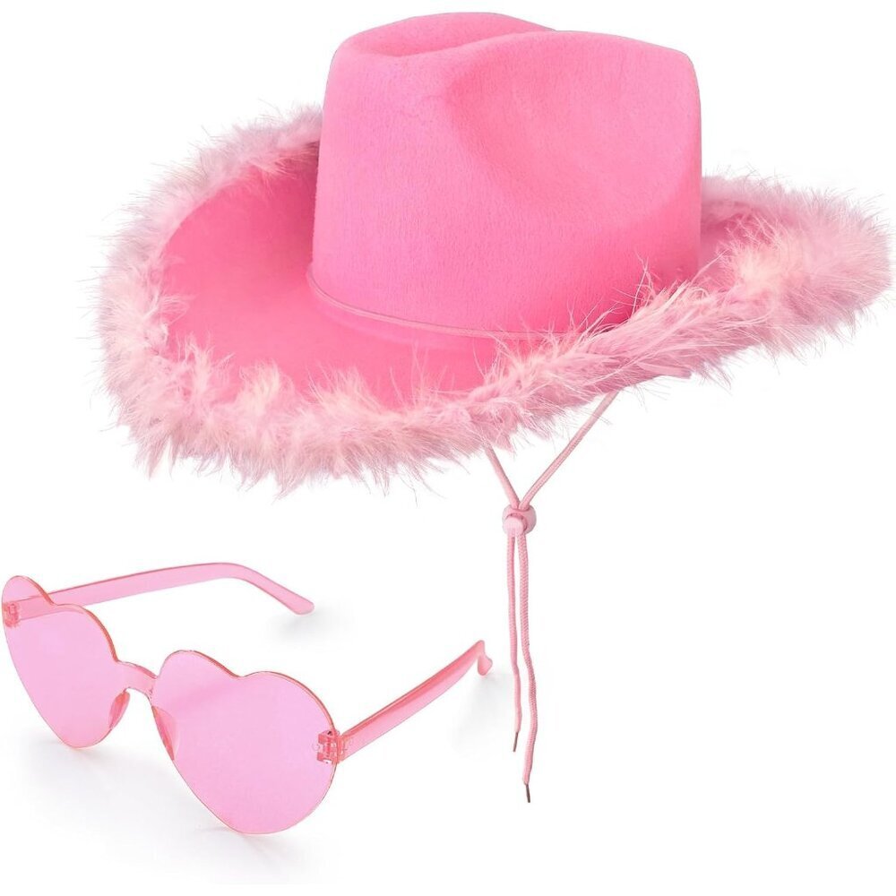 Pink Felt Cowboy Hat with Feather Boa and Heart Sunglasses Costume Accessory